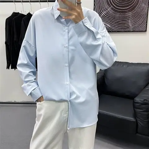 Men's Long-sleeved Solid Color Loose and Versatile  Uniform Jacket Spring Summer Autumn and Winter Casual Men's White Shirt