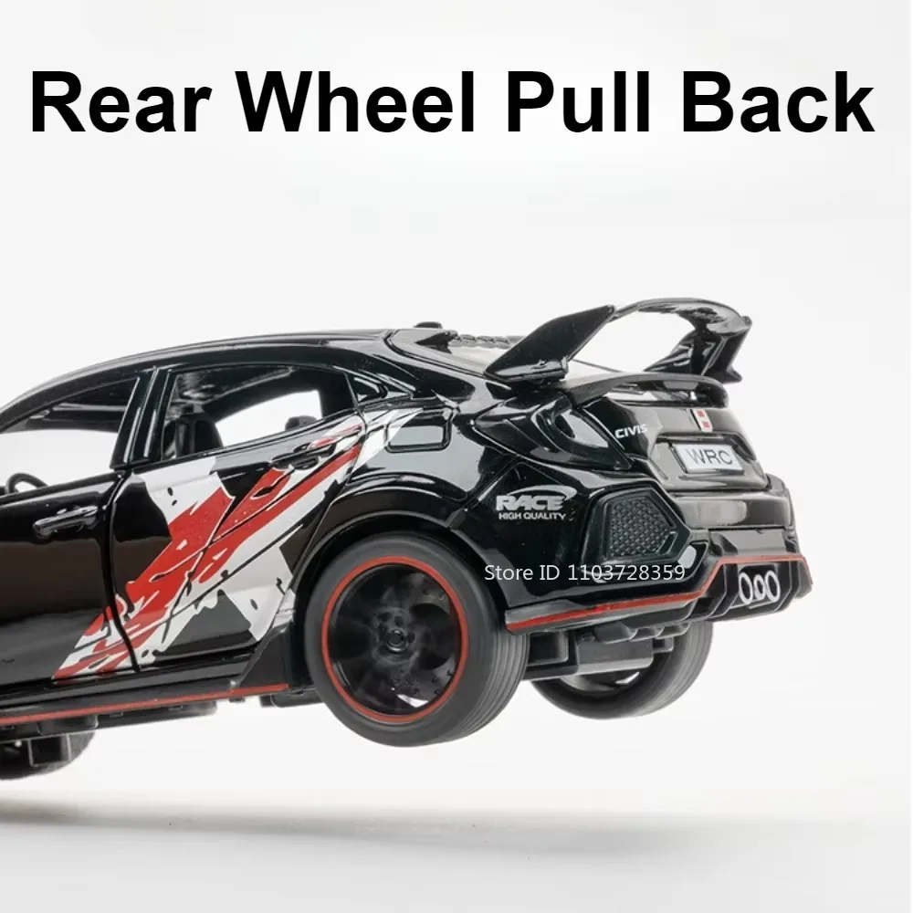 1:32 CIVIC TYPE-R Modelli di auto giocattolo Pressofuso in lega Mini veicoli Suono Luce Porte aperte Tirare indietro Ornamento Giocattoli per i regali dei bambini