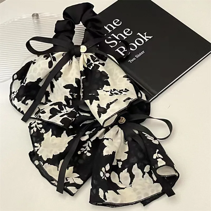 Vintage print bow ink hair circle head rope women\'s advanced sense of gentle elegant hair rope 2024 new