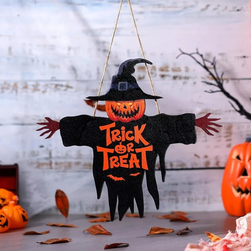 Halloween Monster Face Pumpkin Design Trick-or-Treat Wooden Sign Rope Hanger Porch Wall or Halloween Garden Party Decora