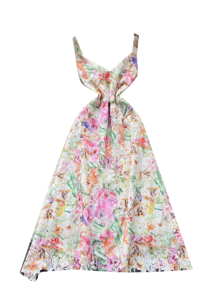 Ele Hollow out Embroidered Lace Strap Dr Women's High Waist A-Line Skirt ort Sve Summer Commute Korean Sle