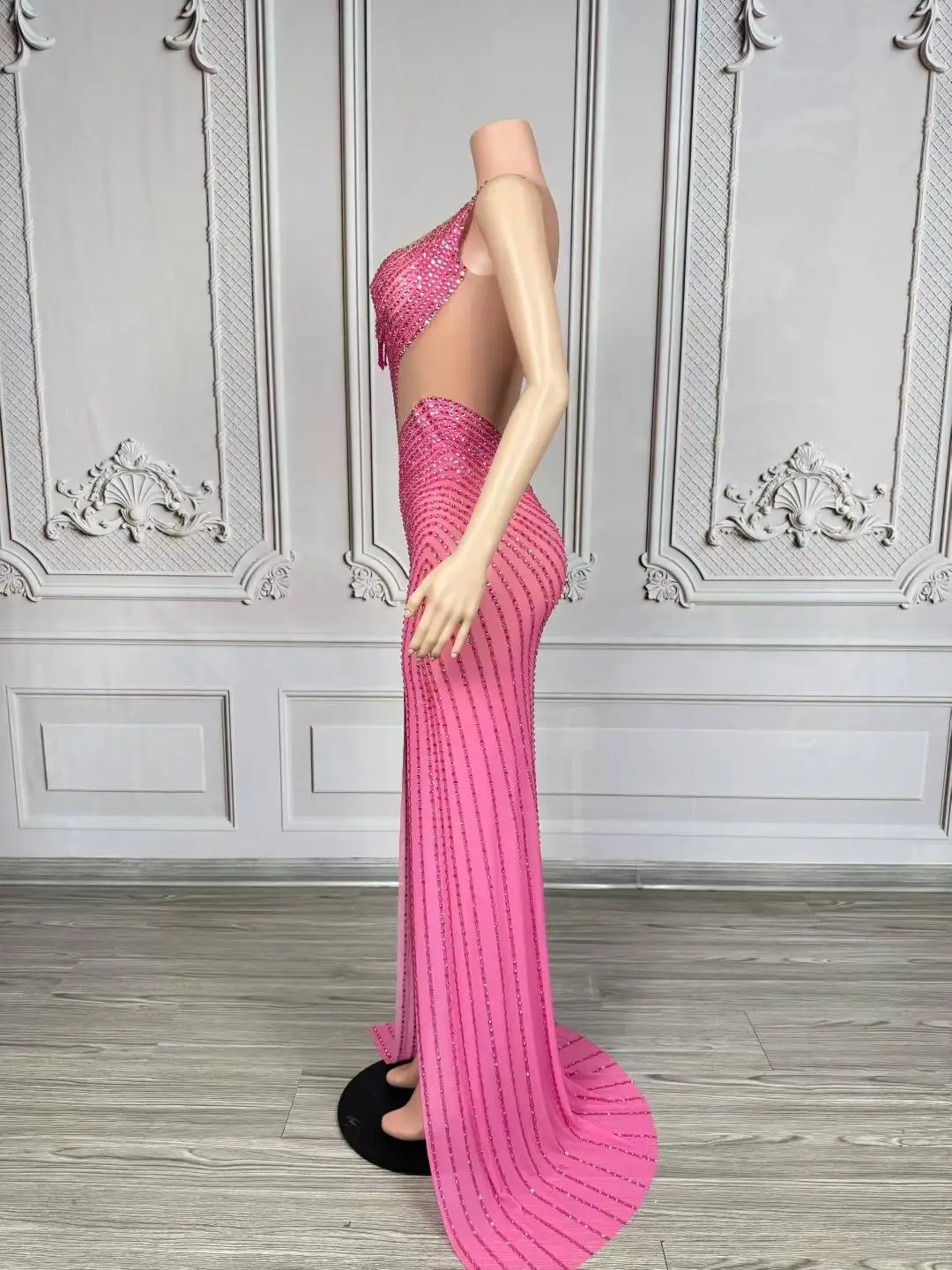 우아한 라인스톤 스플릿 롱 드레스 여성 섹시 메쉬 시스루 이브닝 파티 생일 드레스 촬영 무대 의상