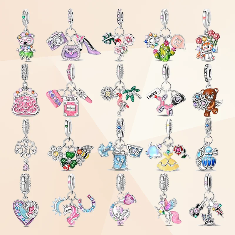 Nuevo Plata de Ley 925, moda, flamenco, gatito, bolso rosa, vestido de princesa, cuentas para pulsera de 3mm, regalo de joyería fina DIY