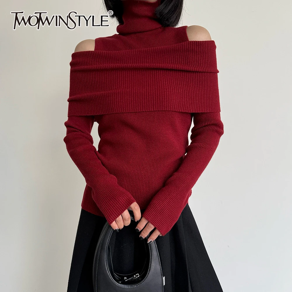 TWOTWINSTYLE Solid Knitting Hollow Out Slimming Sweater For Women O Neck Long Sleeve Off Shoulder Chic Sweater Female Fashion