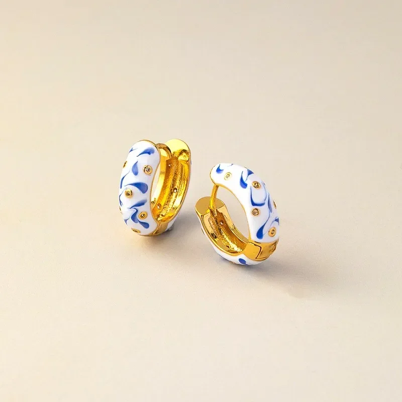 Chinese Style Element Blue And White Porcelain Enamel Dripping Oil  Fashion Round Eardrop 2023 Wedding Dangle Earrings Jewelry G