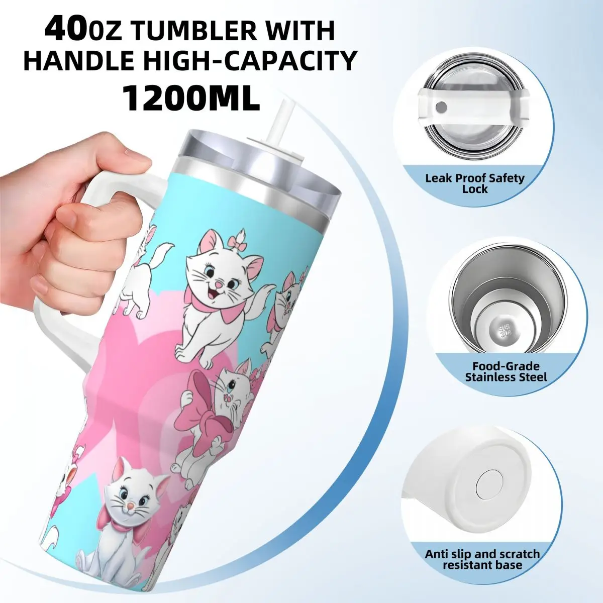 Stainless Steel Tumbler Cartoon Pink Marie Cat Car Mugs With Straws Kawaii Camping Hot Drinks Water Bottle Large Thermal Mug