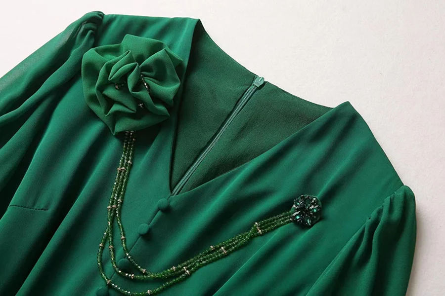 European and American women's clothes 2023 spring new Five-point sleeve V-neck pinned beaded floral Pleated Dress Green XXL