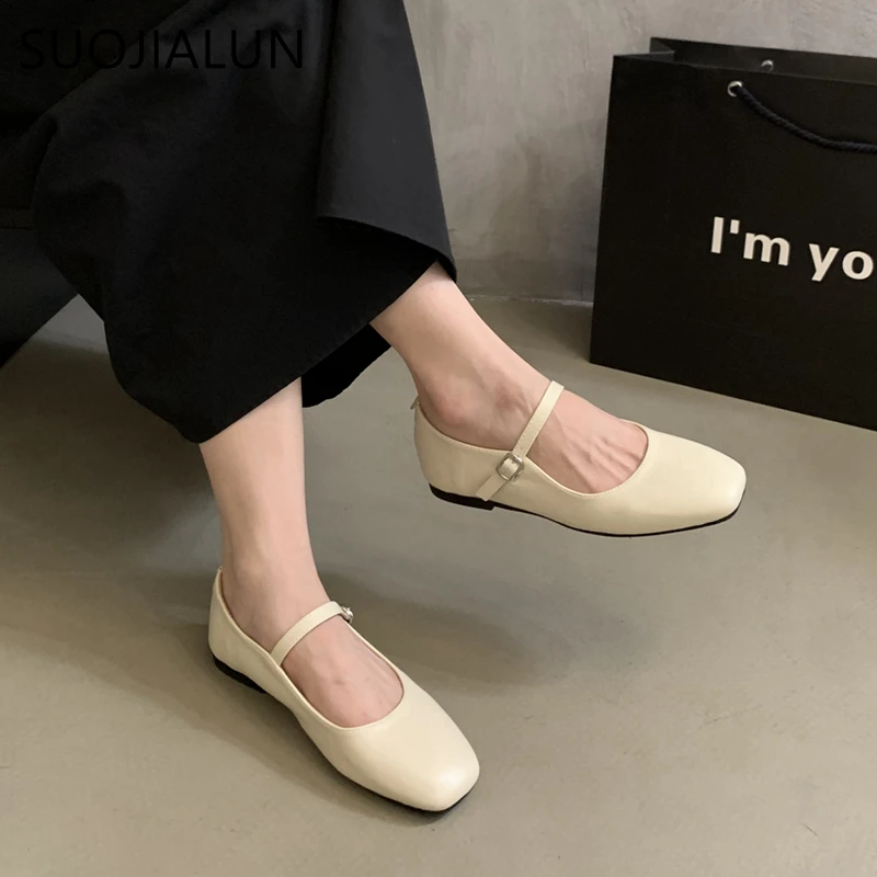 SUOJIALUN Autumn Women Flat Shoes Fashion Shallow Ladies Flat Heel Casual Dress Mary Jane Shoes Round Toe Soft Ballerinas Flat B