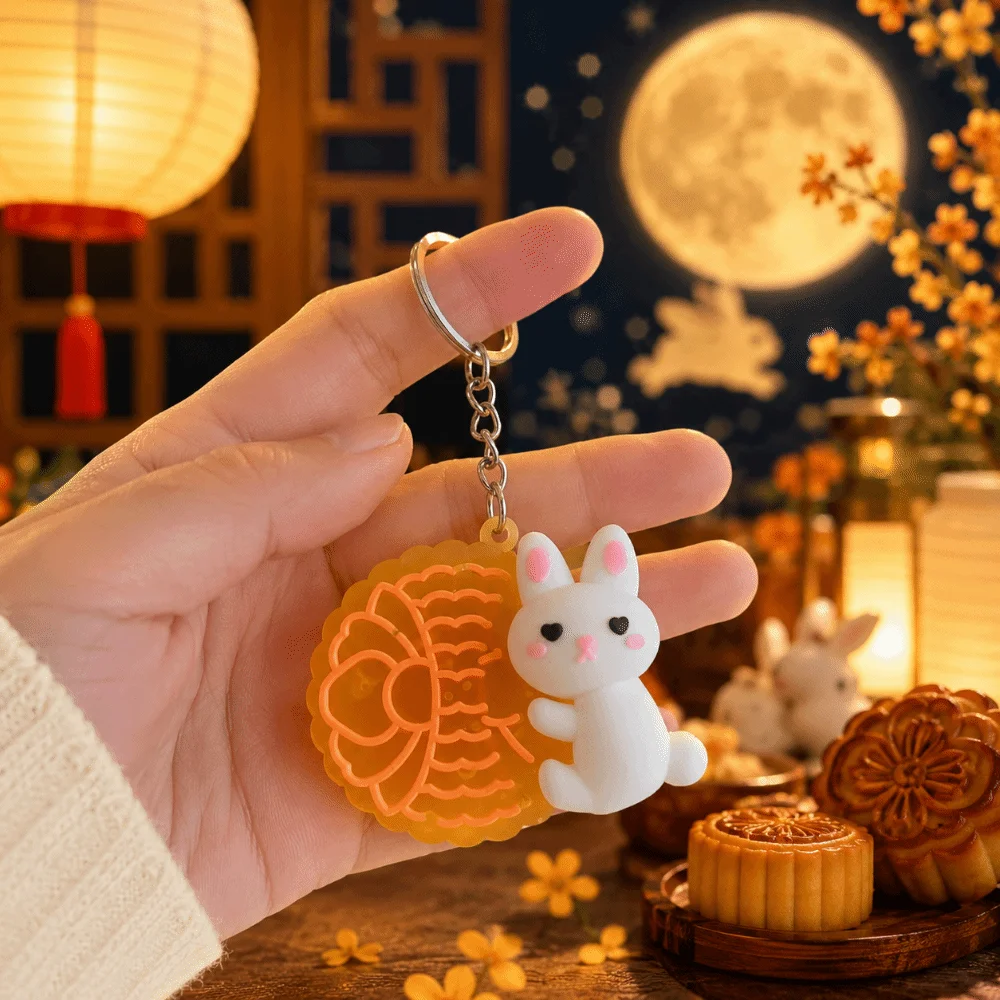 3D Mooncake Little Rabbit Keychain Creative Cartoon Animal Mid-Autumn Festival Pendant Lightweight Portable