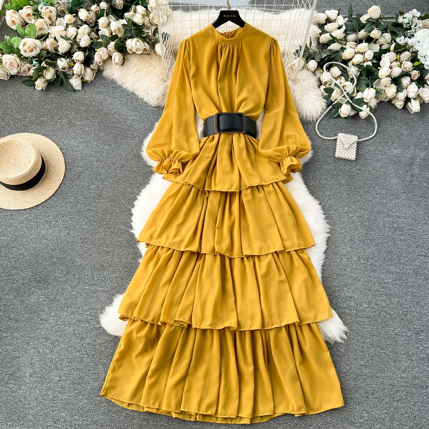 Retro Ruffle Pleated Elegant O Neck Dress Puff Sleeve Casual  High Waist  Dress Women Summer Dress