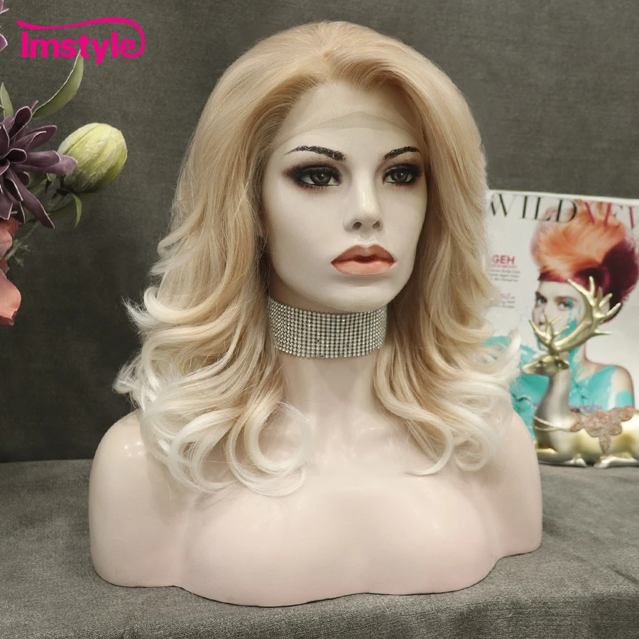 Imstyle Ombre Blonde Wig Short Synthetic Lace Front Wig Heat Resistant Fiber Natural Wavy Wigs For Women Cosplay Wig 16 Inch