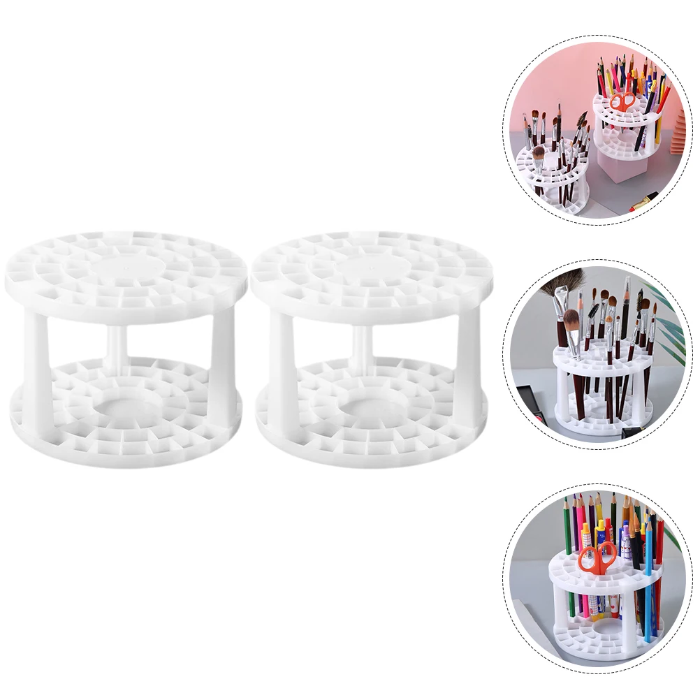 Round Pen Stand 2Pcs Plastic Paint Brush Holder For Home School Storage Rack Drawing Marker Organizer White