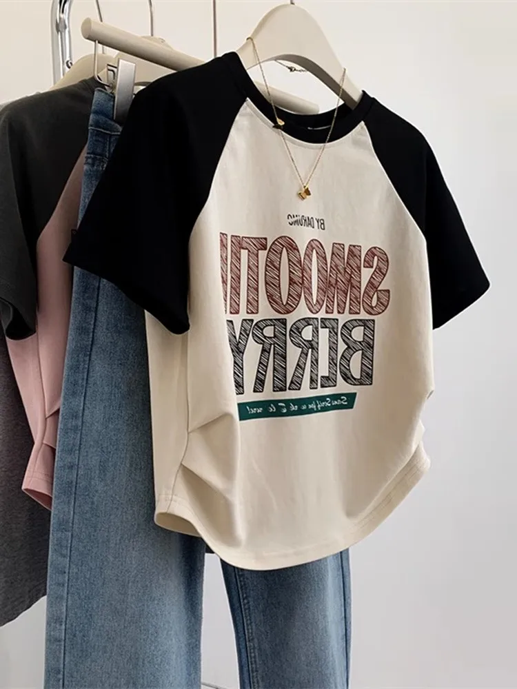 

Cute Irregular Short Sleeve T-Shirt Women Summer Small Size Pure Cotton Shoulder Insertion Top Korean Style Commute Fashion