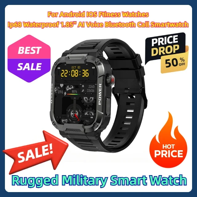 For Android IOS Ftiness Watches Ip68 Waterproof 1.85'' AI Voice Bluetooth Call Smartwatch Rugged Military Smart Watch Men