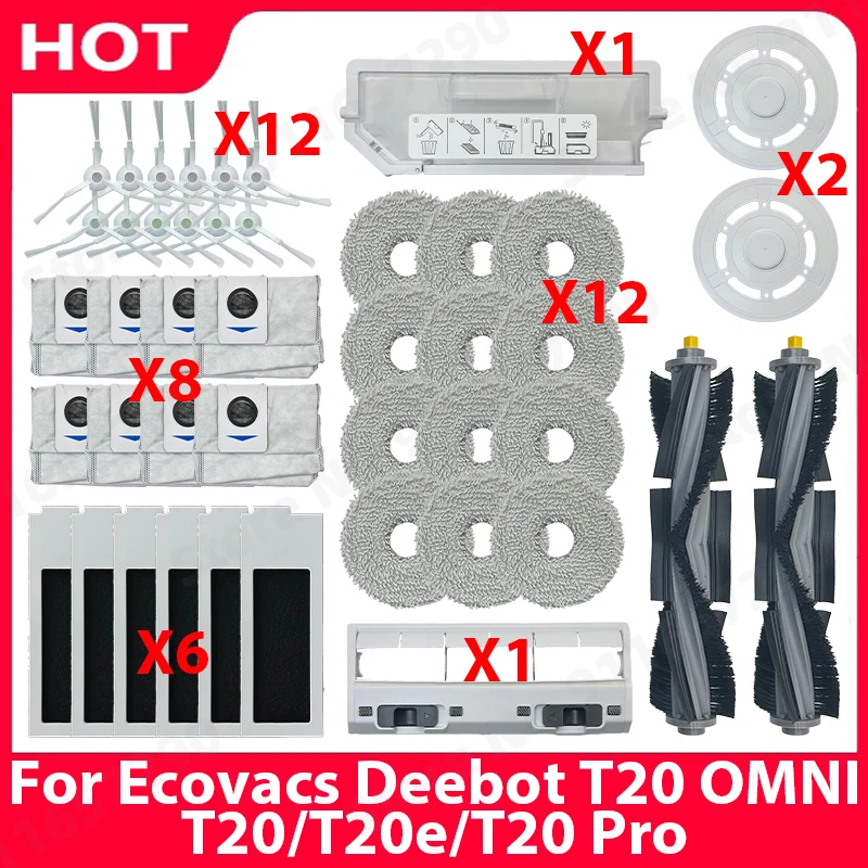 

For Ecovacs Deebot T20 OMNI/T20/T20e/T20 Pro Spare Parts Main Side Brush Mop Cloth HEPA Filter Dust Bag Replacement Accessories