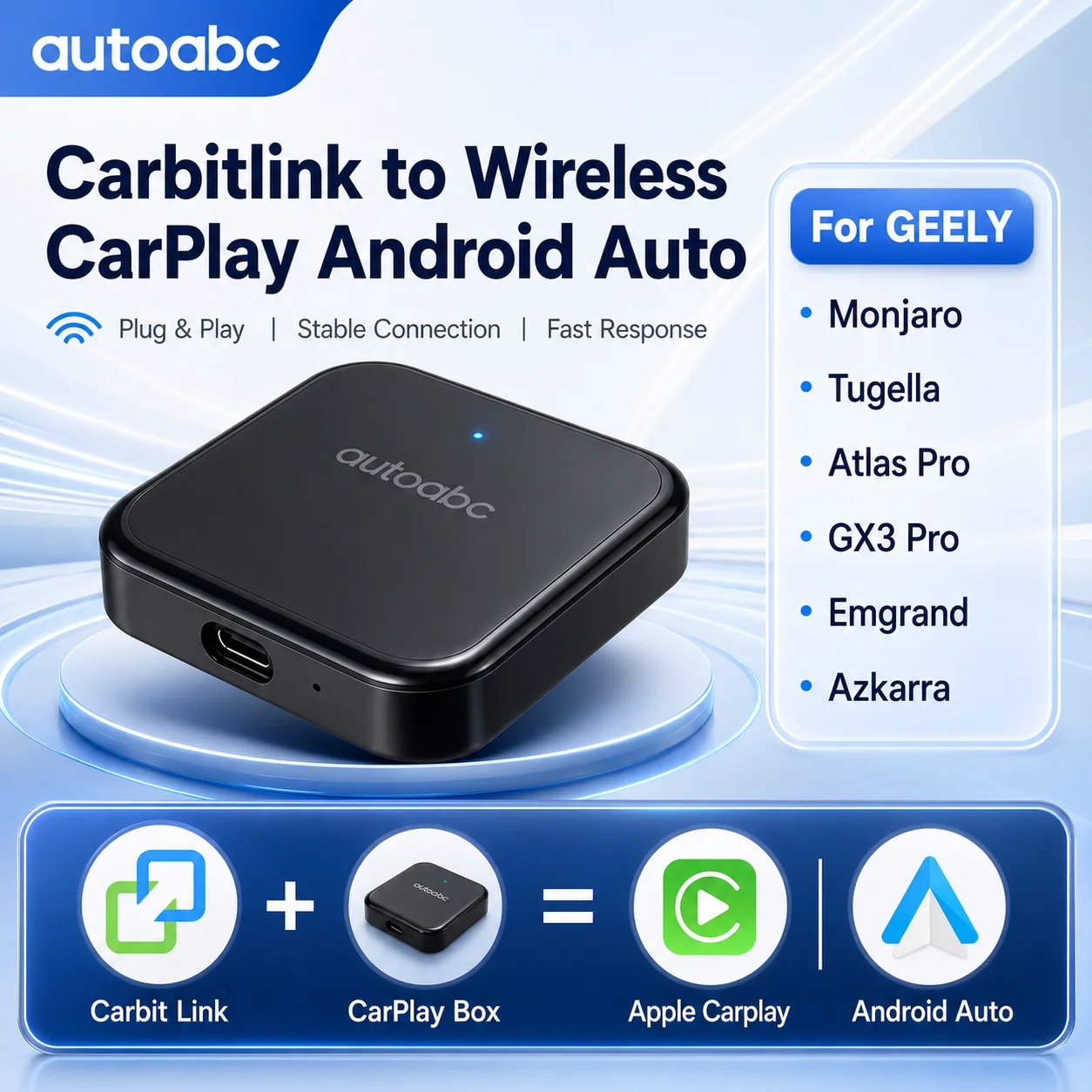 

AUTOABC Carbitlink To Wireless CarPlay Android Auto For Geely Tugella Emgrand Monjaro Atlas Pro Azkarra 2022-2024