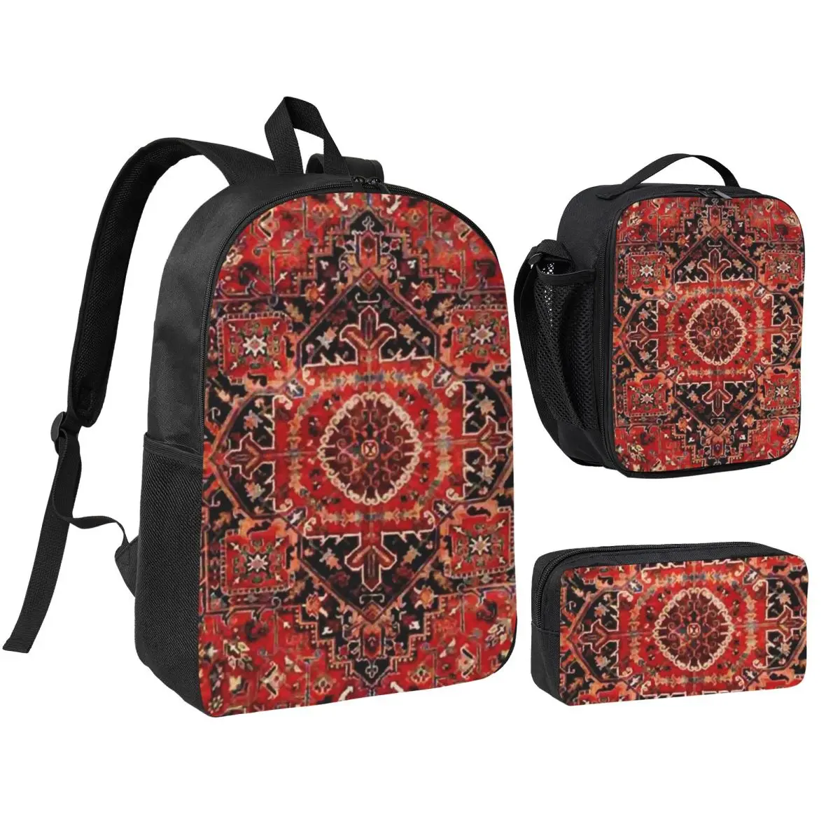 Heriz Antique Vintage Boho Persian Backpack Student BookBag School Bag Shoulder Bags 3ps Insulated Lunch Bag Pencil Case