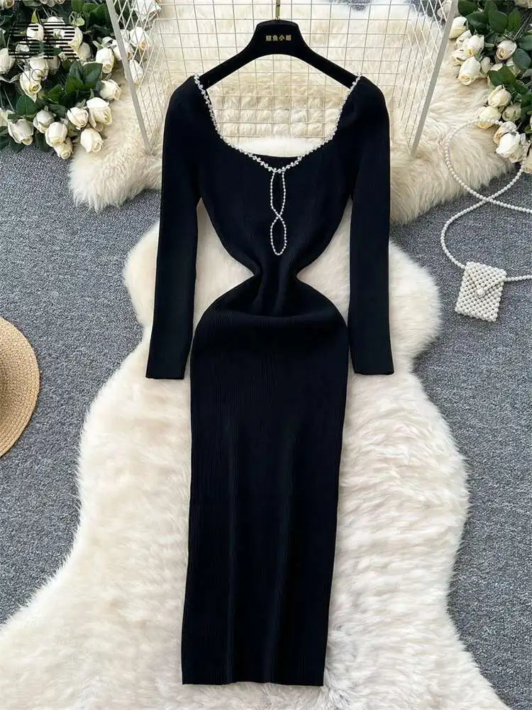 BabYoung الشتاء الديكور محبوك فساتين النساء طويلة الأكمام النمط الفرنسي مزاجه الصلبة الخريف موضة مطاطا فستان كبار