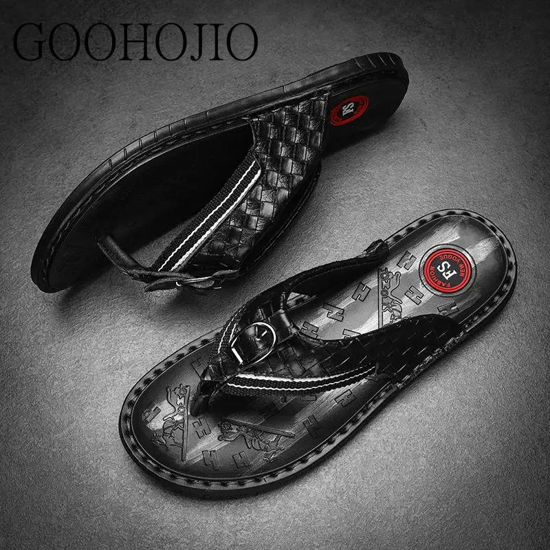 Summer Men Shoes High Quality Cow Split Leather Men Sandals Slip-on Beach Men Slippers Male Flip Flops Slippers Wear-resistant