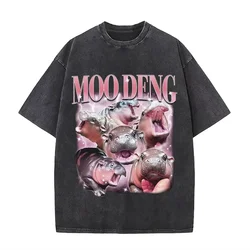 Lavato Vintage Moo Deng Baby ippopotamo divertente Meme T-Shirt uomo donna Casual Oversize T Shirt maschile O-collar cotone manica corta Tshirt