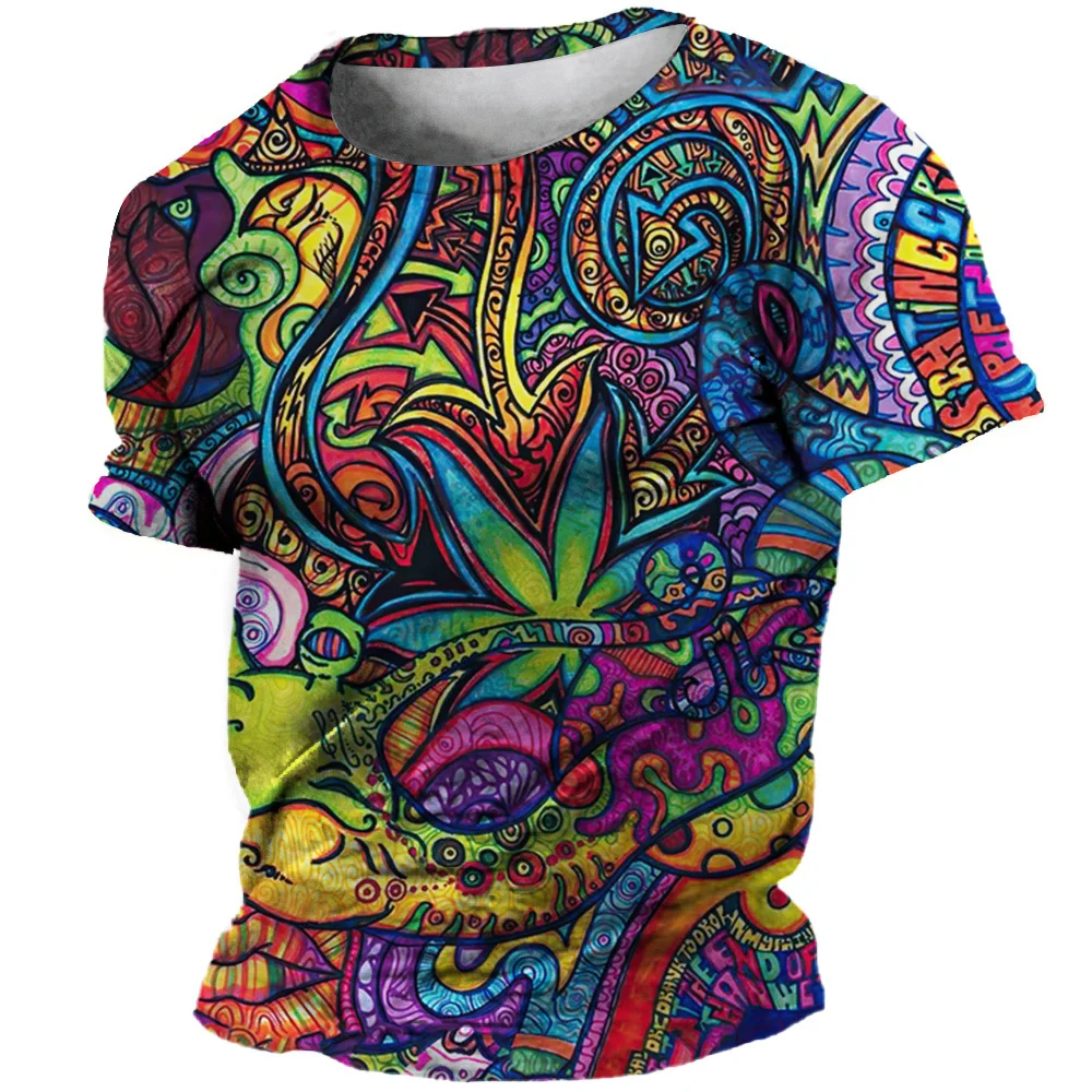 Men\'s Vintage Graffiti Print T-shirt 3D Tribal Pattern T-shirt Street Color O-Neck Tops Fashion Short Sleeve Plus Size T-shirts