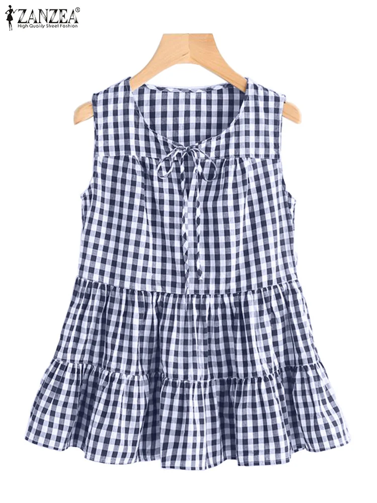 ZANZEA Summer Vintage Plaid Checked Blouse Women Fashion Loose Work Shirt Bohemian Beach Sleeveless Ruffles Tops Casual Blusas