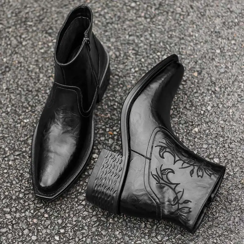 2026 autumn new western embroidered men's pointed short thick-soled high-heeled tooling leather side pull Chelsea boots