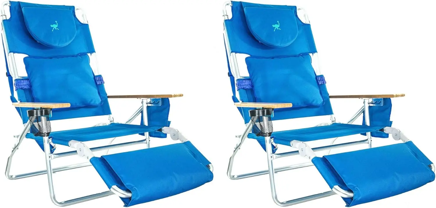 Deluxe Padded 3-N-1 Outdoor Lounge Reclining Beach Chair Blue (2 Pack) Durable Rust-proof Breathable and Quick Drying Fabric