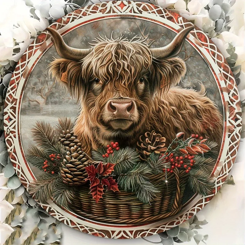 Rustikales Hochlandkuh-Weihnachtskranzschild – 20,3 cm runde Aluminium-Weihnachtsdekoration für Wand, Fenster und Veranda