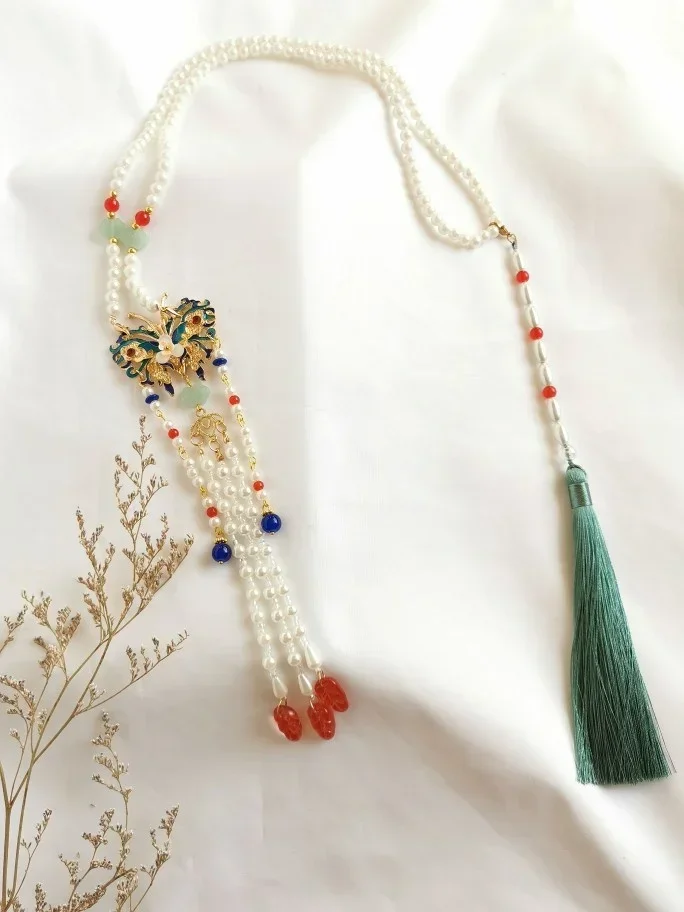 Collar de Borla larga Azul Quemado Yahoo Chino, Kostenlose Lieferung, Perla de Imitación, Nube trasera, Mariposa, Accessoires Hanfu