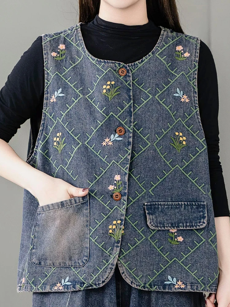 Max LuLu Autumn Womens Fashion Vintage Waistcoats Leisure Classic Embroidery Sleeveless Clothes Females Loose Floral Denim Vest