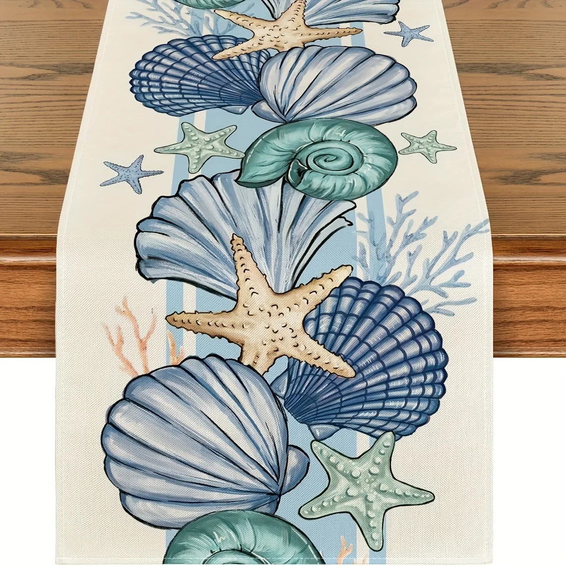 

1 Piece of Ocean-Style Shell and Starfish Table Runner, Painted Shells, Starfish and Coral Patterns on Light Background, Suitable for Seaside B&Bs, Ocean-Themed Restaurants, Beach Parties, Vacation Hotels, Summer Home Banquets, Handicraft Markets, Home De