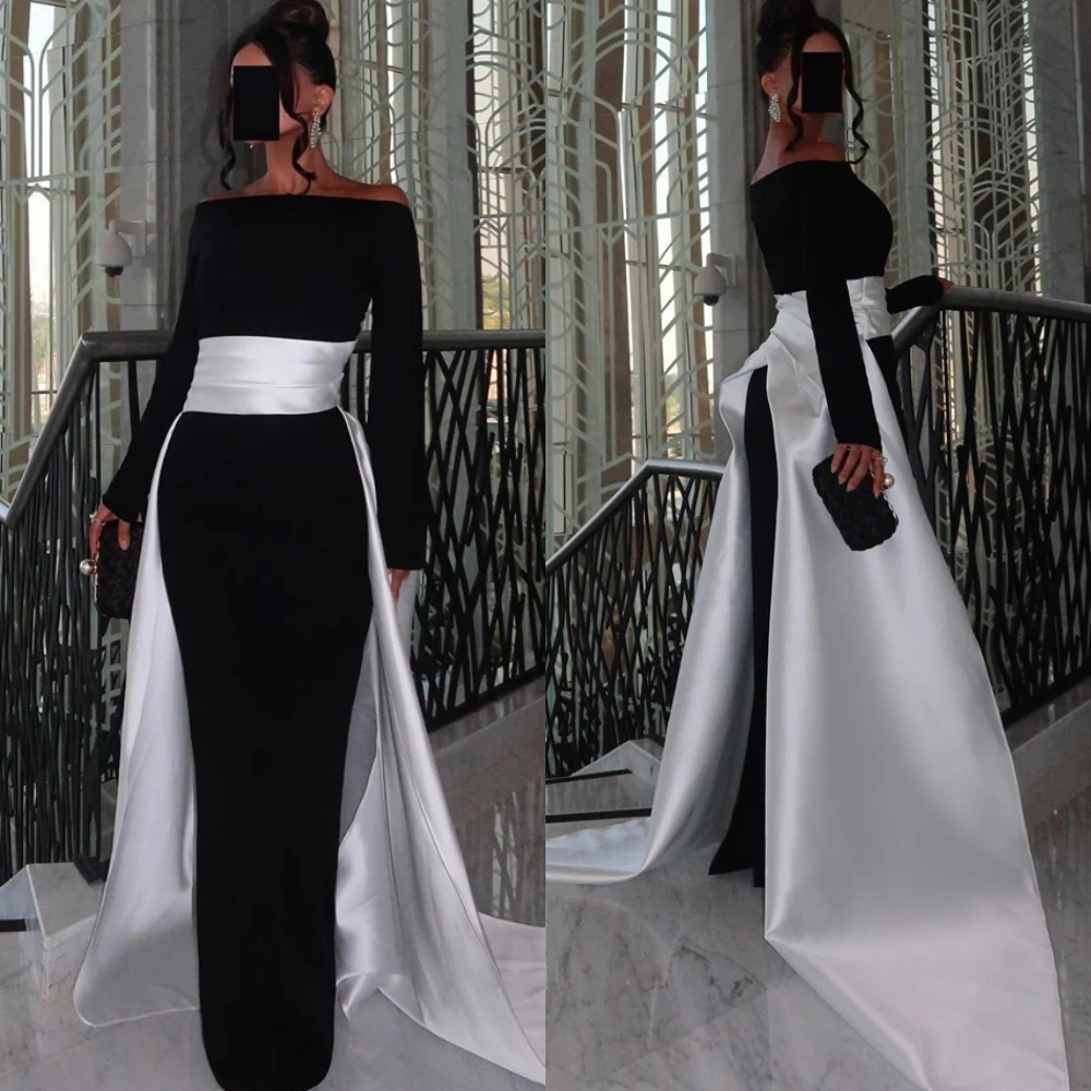 Op maat gemaakte off-shoulder jersey avondjurk met lange mouwen Prachtige jurken voor speciale gelegenheden Enkellange galajurken