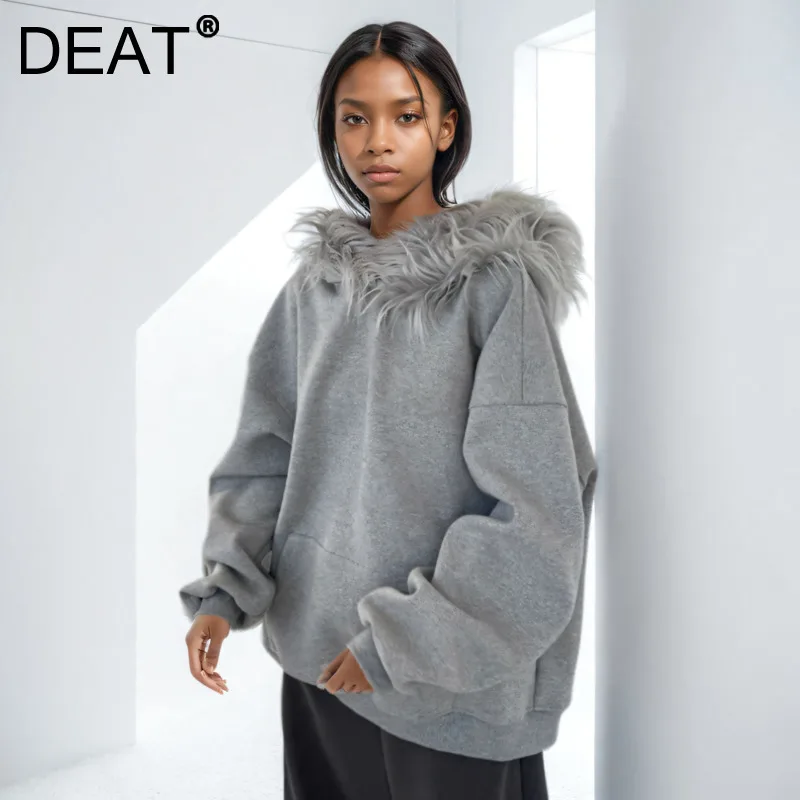 DEAT Trendy Fashion Detachable Fur Collar Sweatshirts For Women Trendy Hooded Solid Color Tops 2025 Spring New Arrival 11A02072