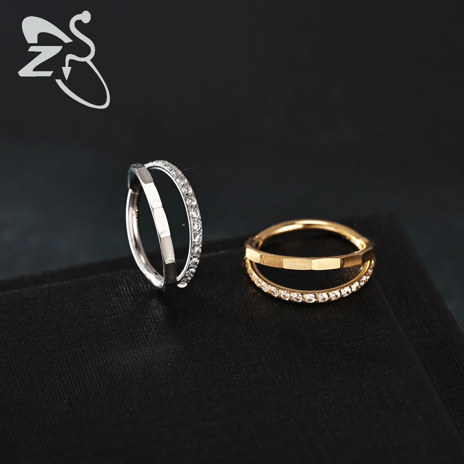 ZS 1PC Gold Color Septum Ring Crystal Nose Piercing Stainless Steel Nose Clicker Double-Layer Plain Circle Cartilage Piercings