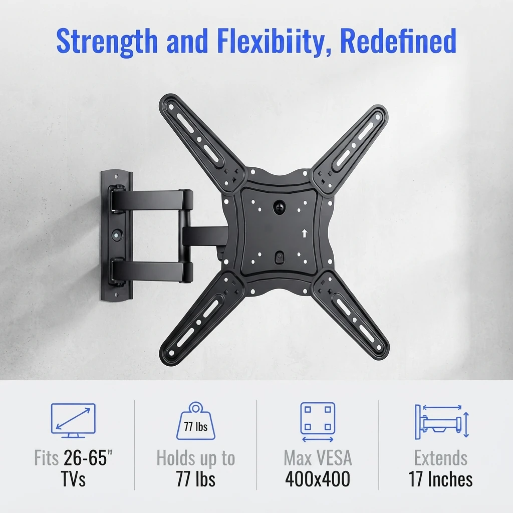 Full Motion TV Wall Mount for 26–65 inch TVs up to 77 lbs | Max VESA 400x400mm, TV Mount Bracket with Articulating Arms, Extension, Tilt, Swivel, Leveling, Reinforced Steel Structure