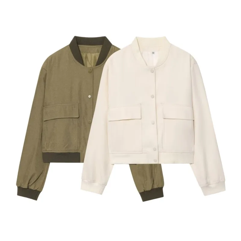 

TRAF Thread Jacket Women Autumn O Neck Casual Double Pocket Jackets Long Sleeve Chic Female Jackets