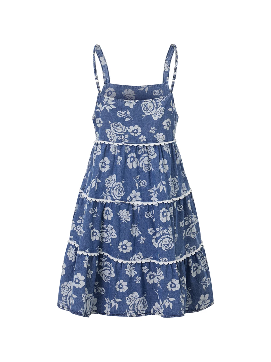 Women s Summer Denim Cami Dress Floral Print Sleeveless Square Neck Backless Mini A Line Dress