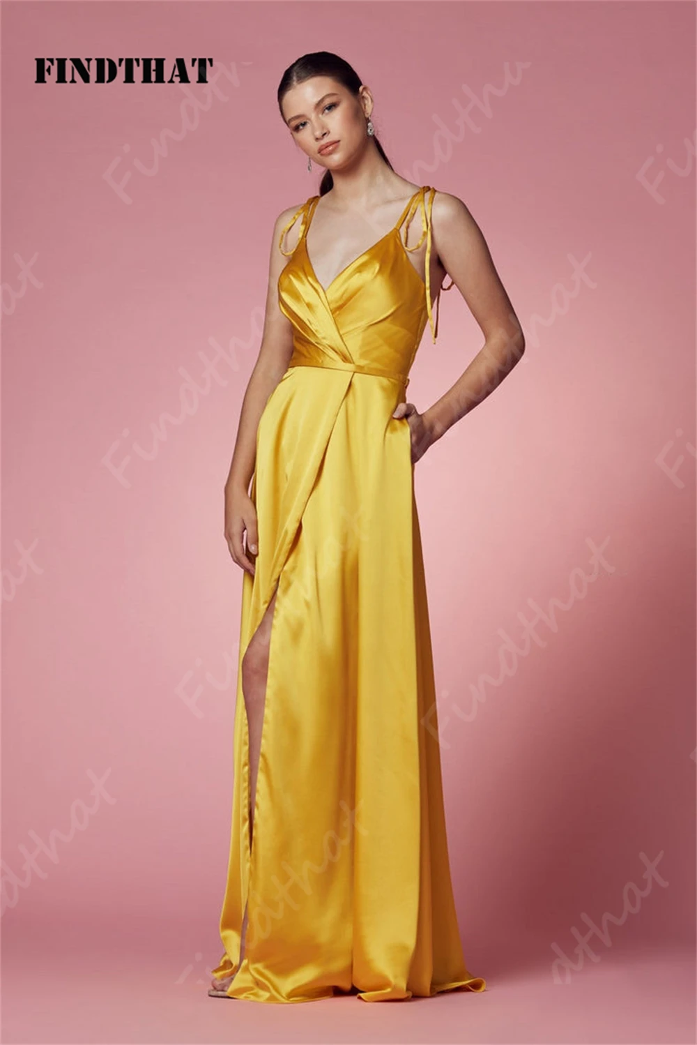 Findthat Yellow Bridesmaid Dresses V-Neck Spaghetti-Strap Satin Evening Party Dress 2024  A-Line Prom Gown Side Slit Custom Made