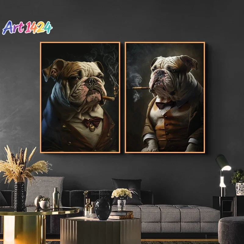 Vintage Bulldog Smoking A Cigar with Horns Animal Art Poster Retro Canvas Painting And Print Picture for Living Room Home Decor