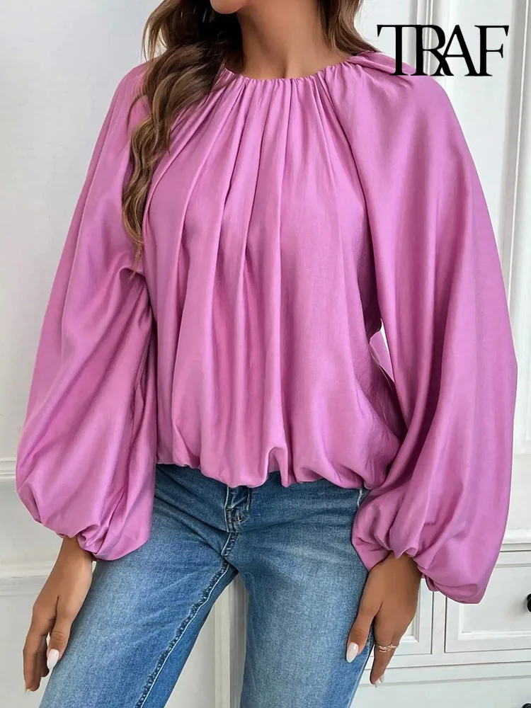 TRAF Women Fashion Loose Pleated Blouses O Neck Puff Sleeves Female Shirts Chic Tops