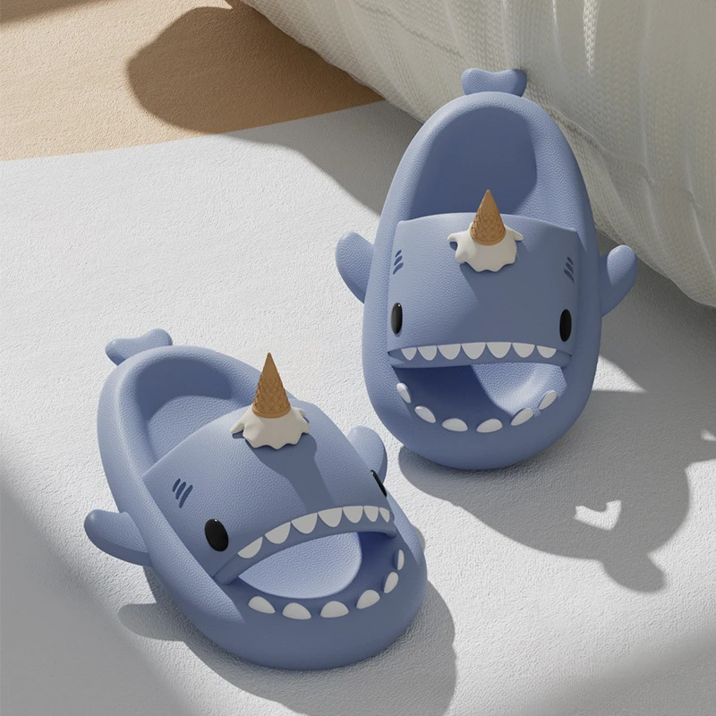 Cute Ice cream Shark Slippers Women Men Summer Shoes Thick Sole Anti-slip Indoor Bathroom Slides Couples Beach Street Sandals