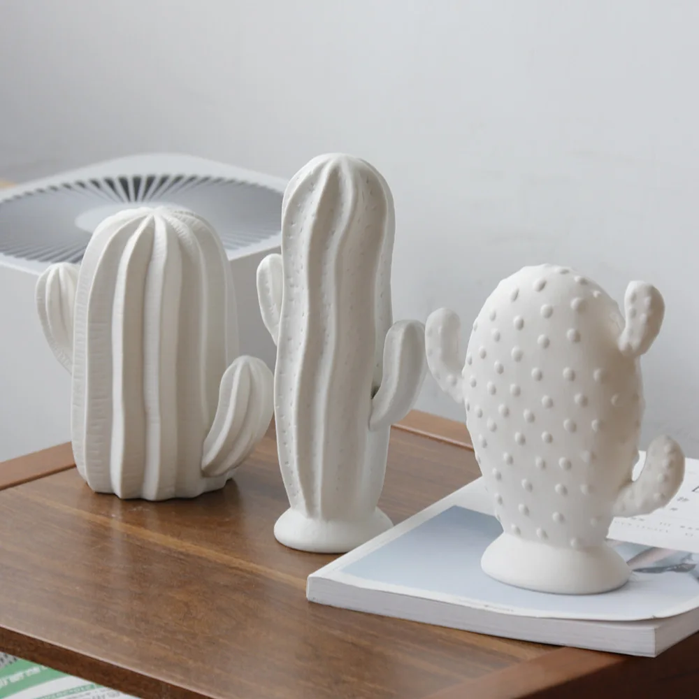 Escultura de cactus de cerámica blanca, adorno de cactus mate, decoración minimalista moderna para el hogar, perfecta para sala de estar, oficina o regalo