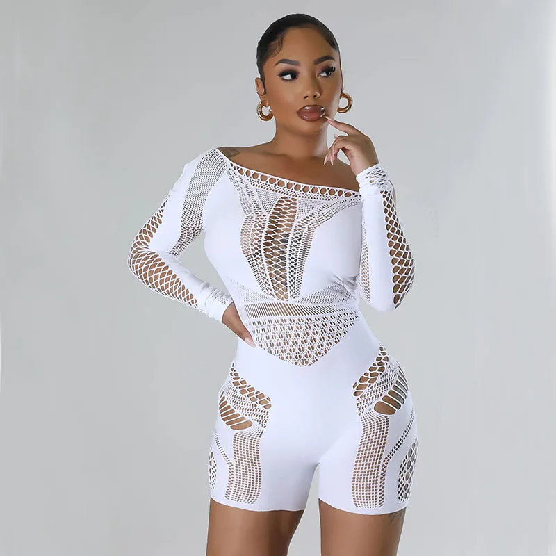 One Piece Womens Overalls Knit Hollow See Through Off Shoulder Summer Bodysuit Female Jumpsuit Woman Clothing Baddie Outfits