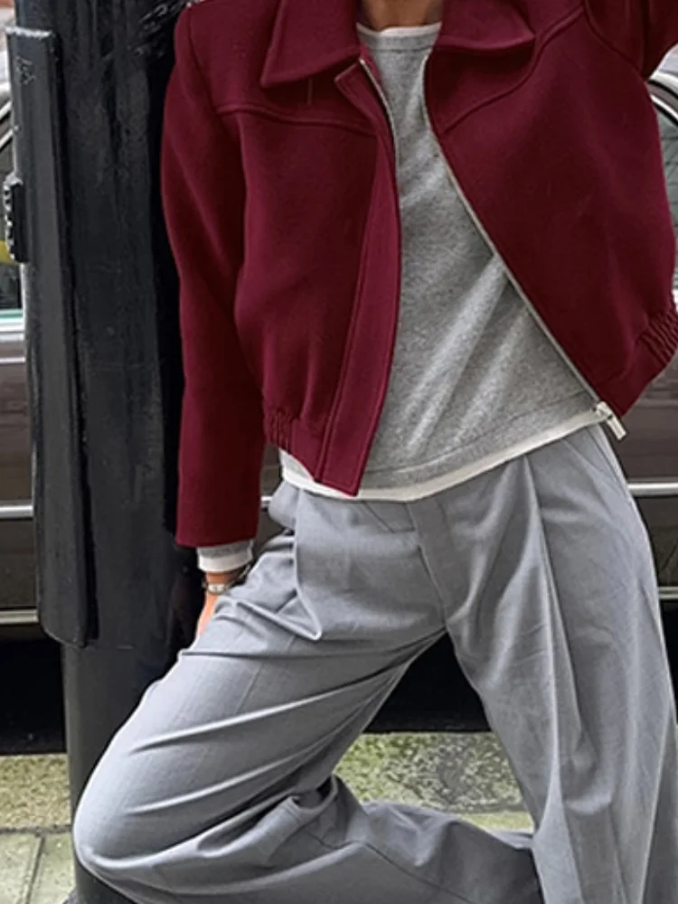 

Модная красная шерстяная куртка на молнии для женщин, элегантное короткое пальто с лацканами и длинными рукавами, винтажная осенняя женская уличная верхняя одежда 2025