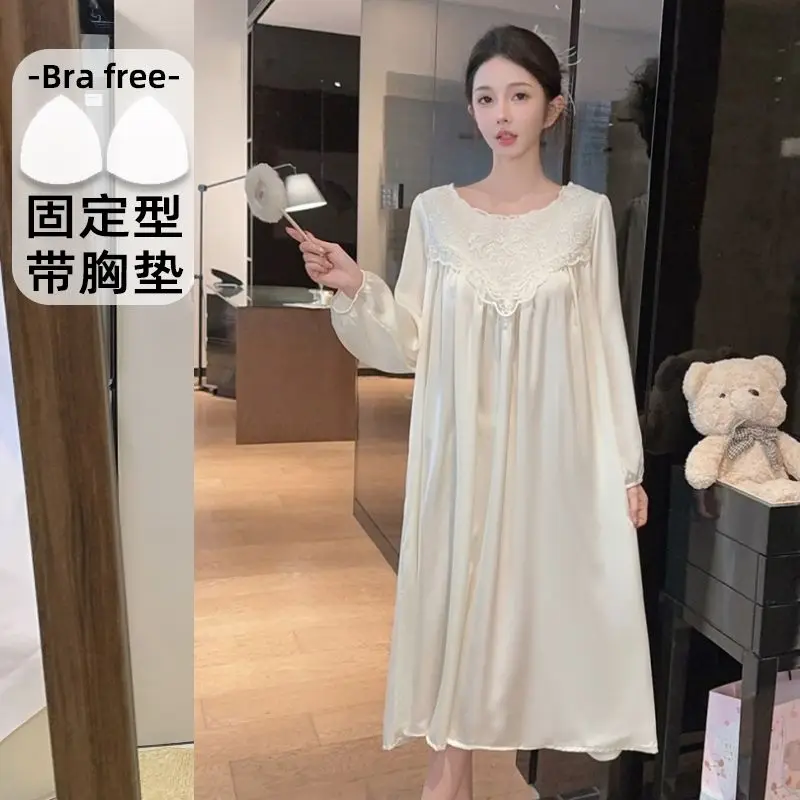 

Весенняя коллекция 2026: Новая шелковая атласная ночная сорочка с длинным рукавом и кружевом для женщин – милая и сексуальная домашняя одежда для сна