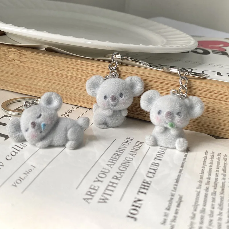 1pcs Fluffy Koala Animal Keychains For Friend Gift Resin Cartoon Cute 3d Flocking Pet Pendant Bag Box Car Key Ring Jewelry Gifts