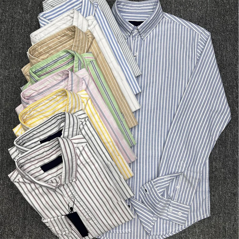 

Мужская рубашка из оксфордской ткани на весну-осень, длинная, из чистого хлопка, повседневная, приталенная, деловая, для отдыха, в полоску, с цветной этикеткой