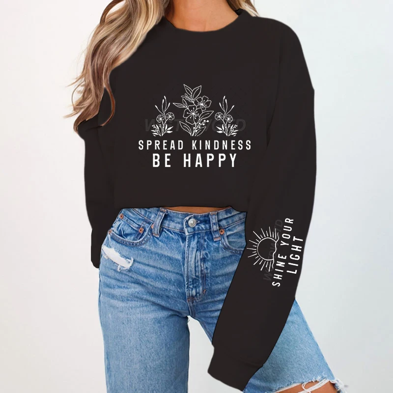 Spread Kindness Be Happy Print Pullover Women Hoodless Sweatshirt Relaxed Fit Long Sleeve Crew Neck Motivational Y2K Sudaderas