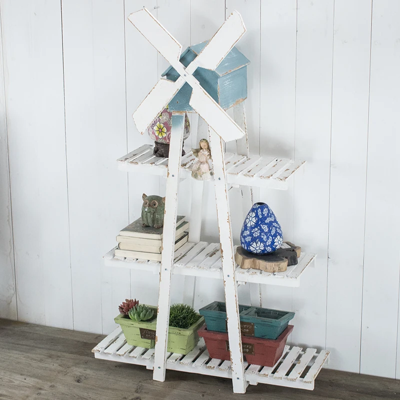 Old rural style garden outdoor floor standing windmill flower rack living room balcony solid wood homestay decoration